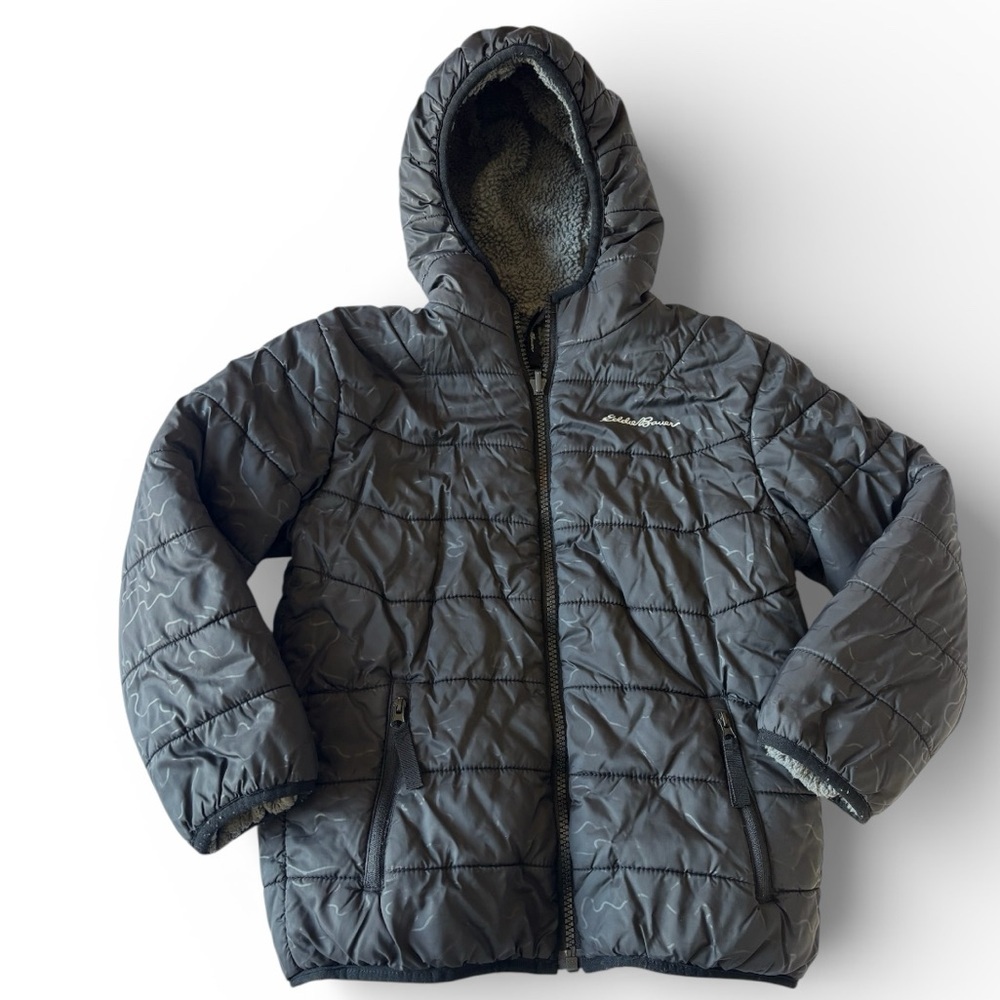 Eddie Bauer Kids XS 5/6 Reversible Hooded Puffer Jacket Gray Sherpa Lined Winter
